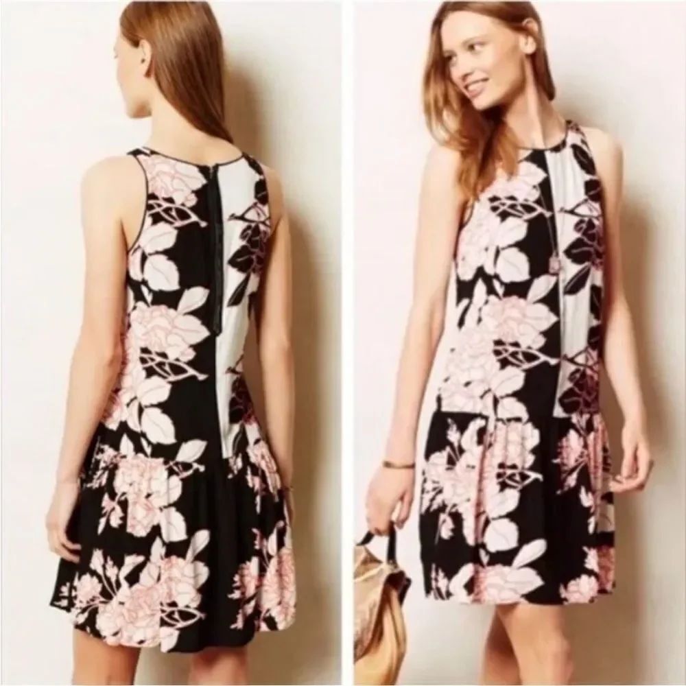 Anthropologie Maeve Photoflora Black Pink Floral Drop Waist Mini Dress Sz 8